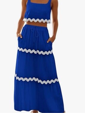 Royal Blue Maxi Skirt with White Wave Trim